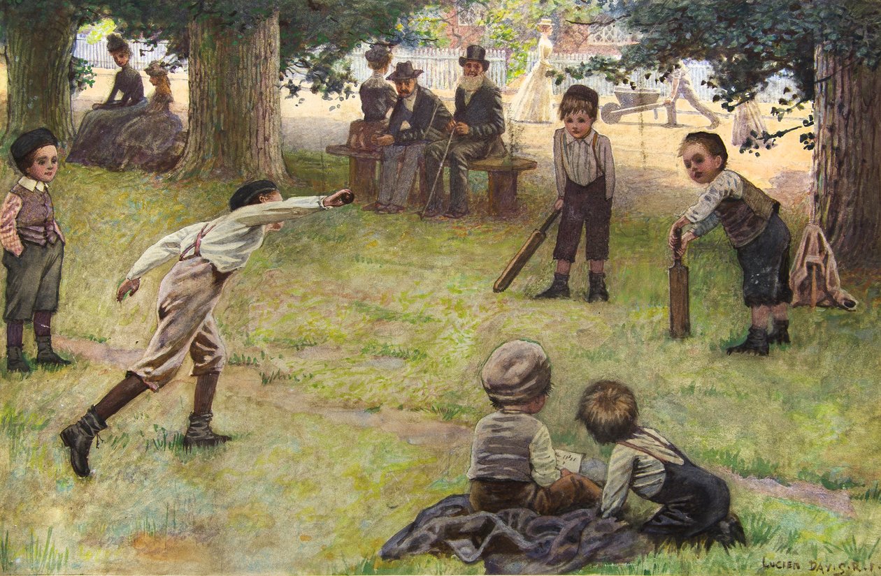 Rapazes a jogar críquete (aguarela) de Lucien Davis