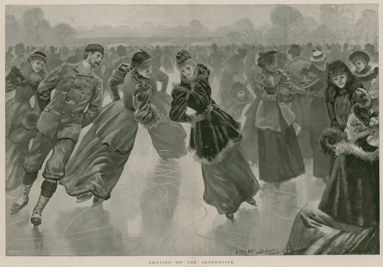 Patinagem na Serpentina, Hyde Park, Londres (gravura) de Lucien Davis