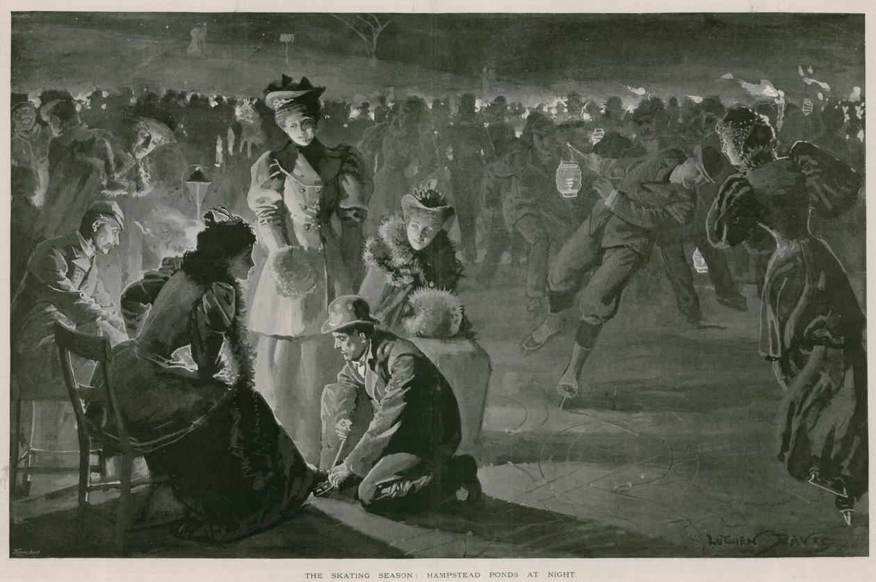 A época de patinagem: Hampstead Ponds à noite (litografia) de Lucien Davis