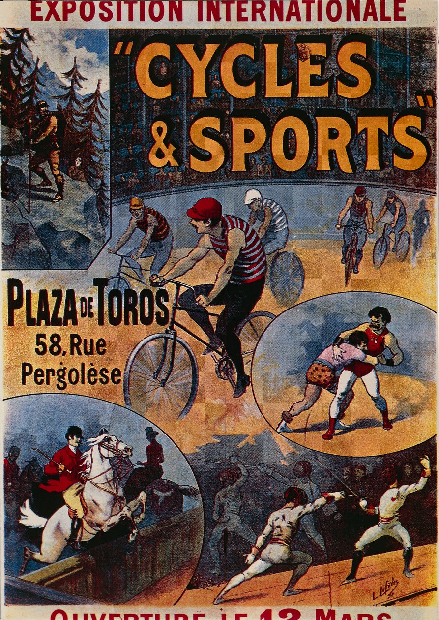 Exposition Internationale Cycles et Sports, anúncio para exposição internacional dedicada ao esporte, ilustração de Lucien Lefevre, pôster de Lucien Lefevre