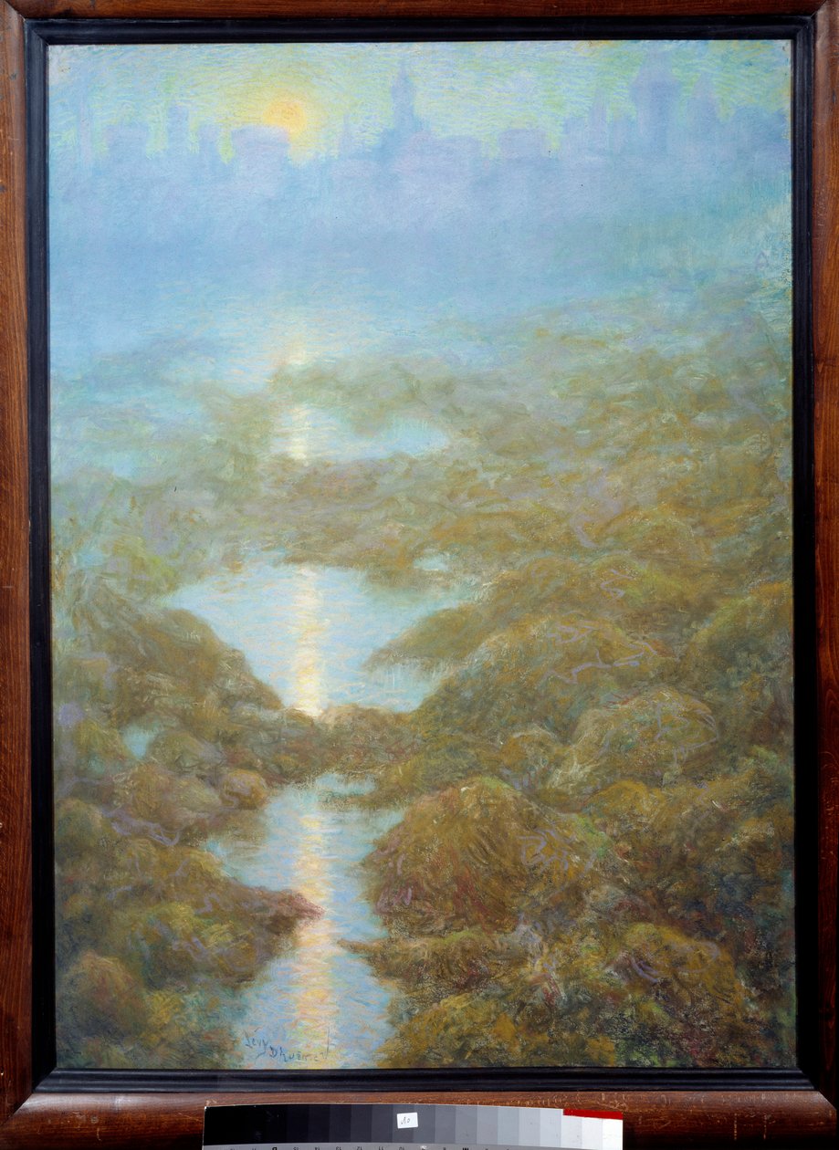 "A minha mãe, numa noite, viu a cidade de Ys (Is)" Paisagem de nevoeiro e rio de Lucien Levy Dhurmer