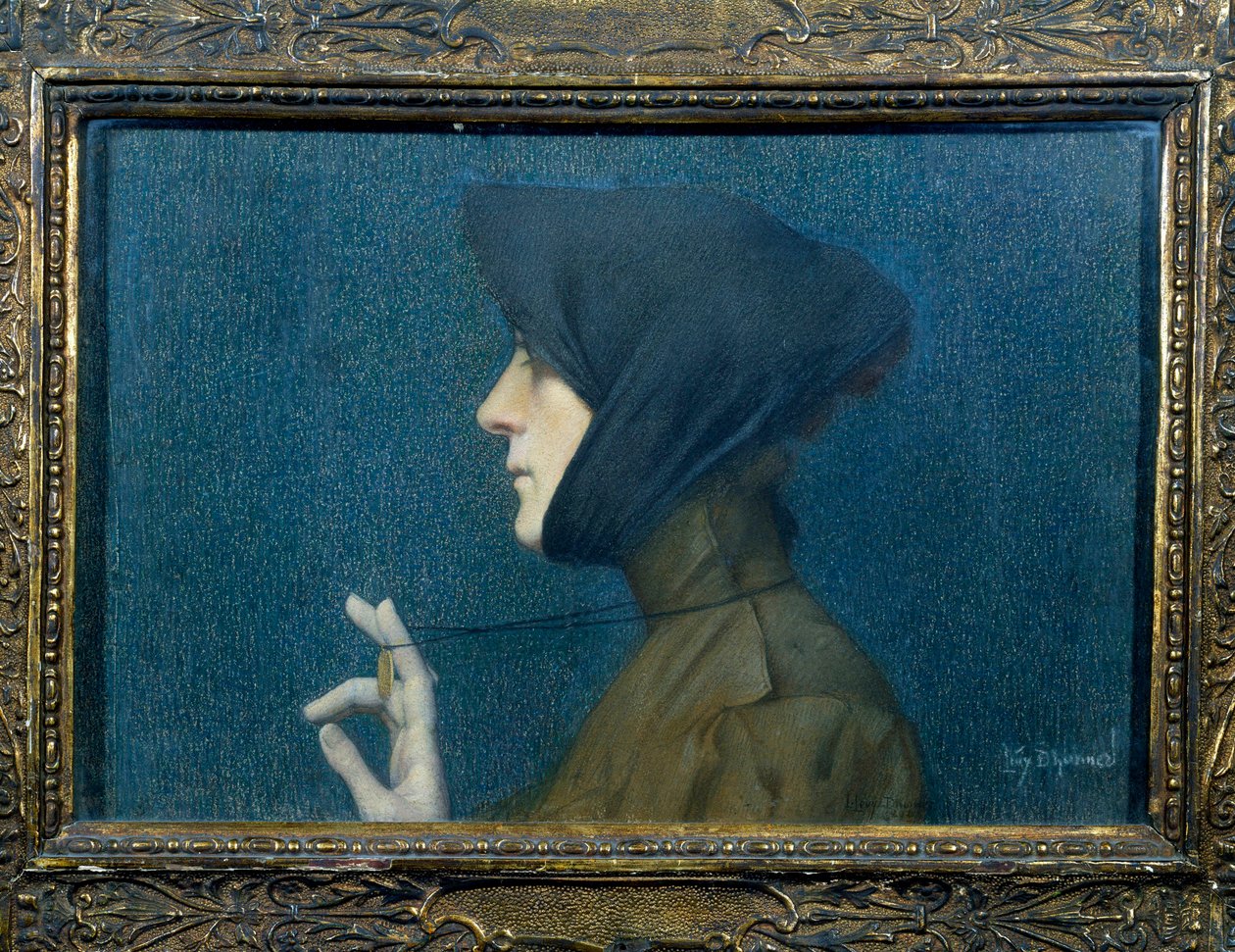 Retrato de uma mulher com um medalhão. Mulher de perfil apoiando o seu pendente à sua frente de Lucien Levy Dhurmer