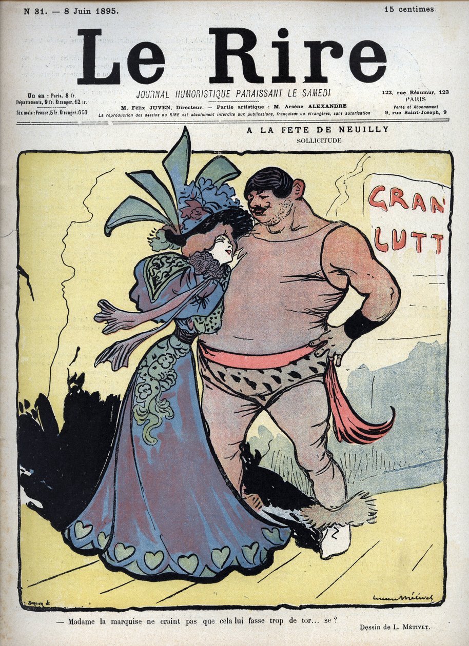 Na festa de Neuilly: cuidado - uma mulher vestida elegantemente fala com um lutador de desenho de Lucien Marie Francois Metivet (1863-1930) - o riso de 8 de junho de Lucien Metivet