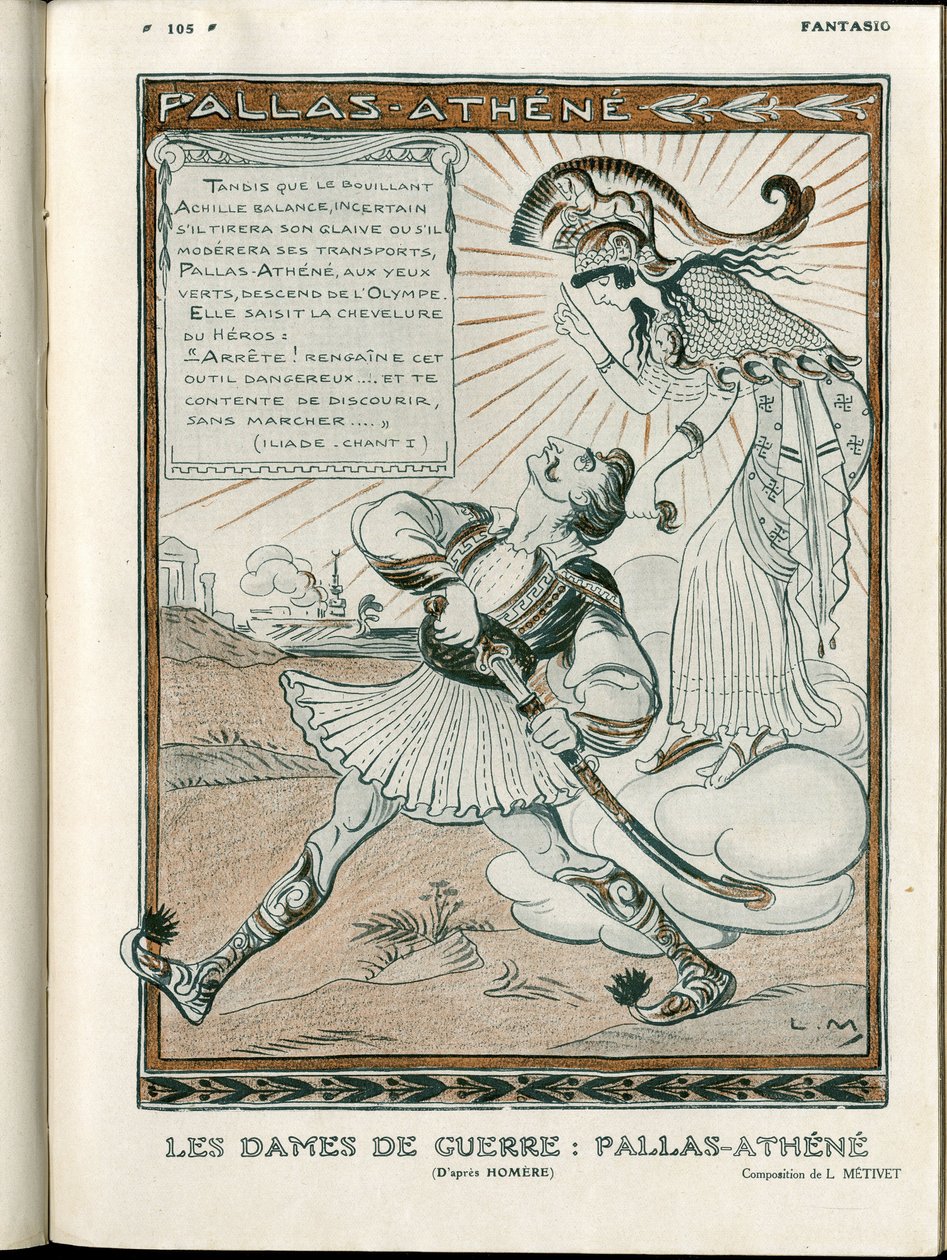 Ilustração em "Fantasio", 01/04/15 - a mulher da guerra Pallas-Athenee war 14-18 (gravura) de Lucien Metivet