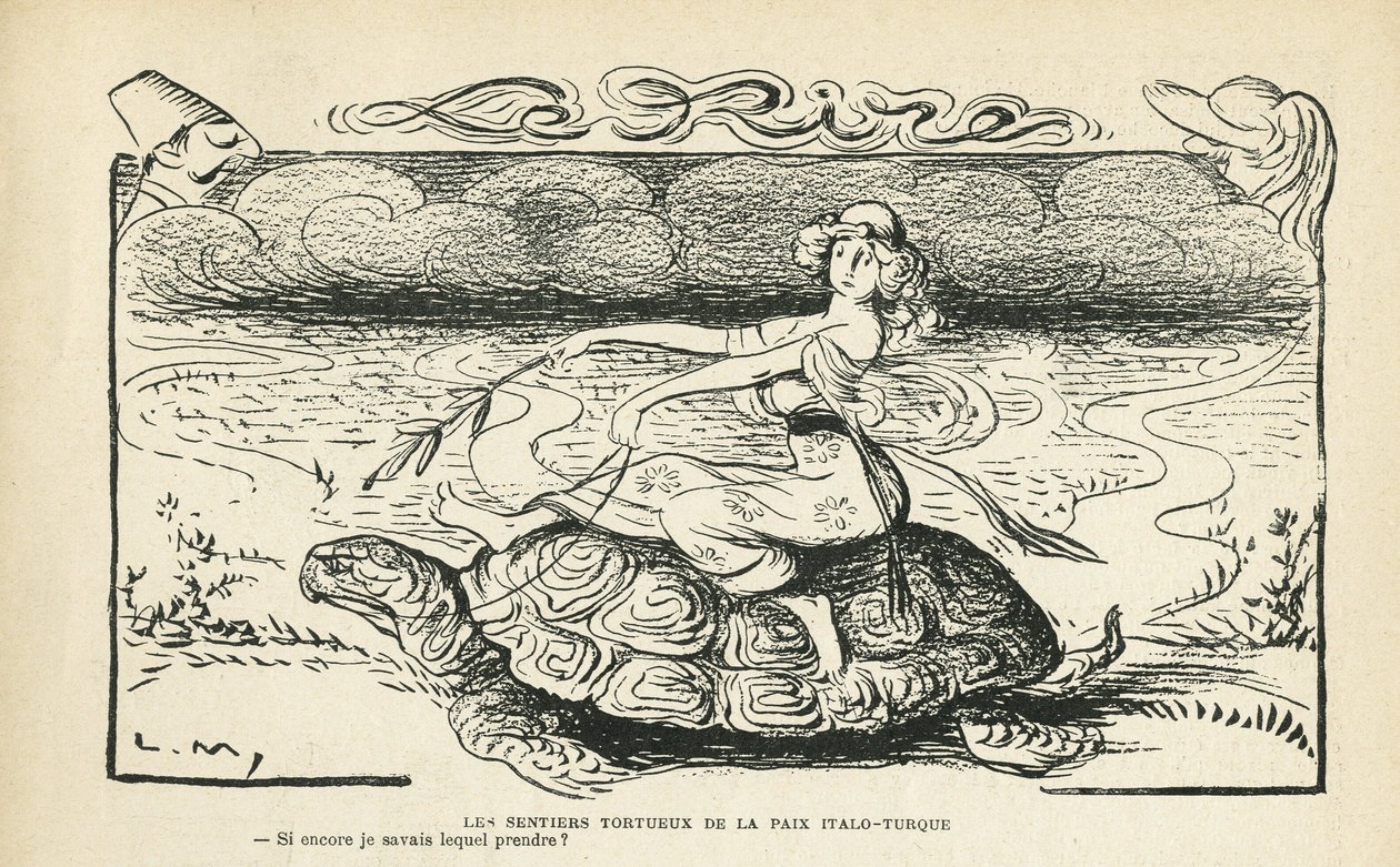 Ilustração em Le Rire, 05/10/12 - Os caminhos tortuosos da paz Italo turco - Guerra, Turquia, Itália, Paz - Tartaruga - Animação, Alegoria (gravura) de Lucien Metivet