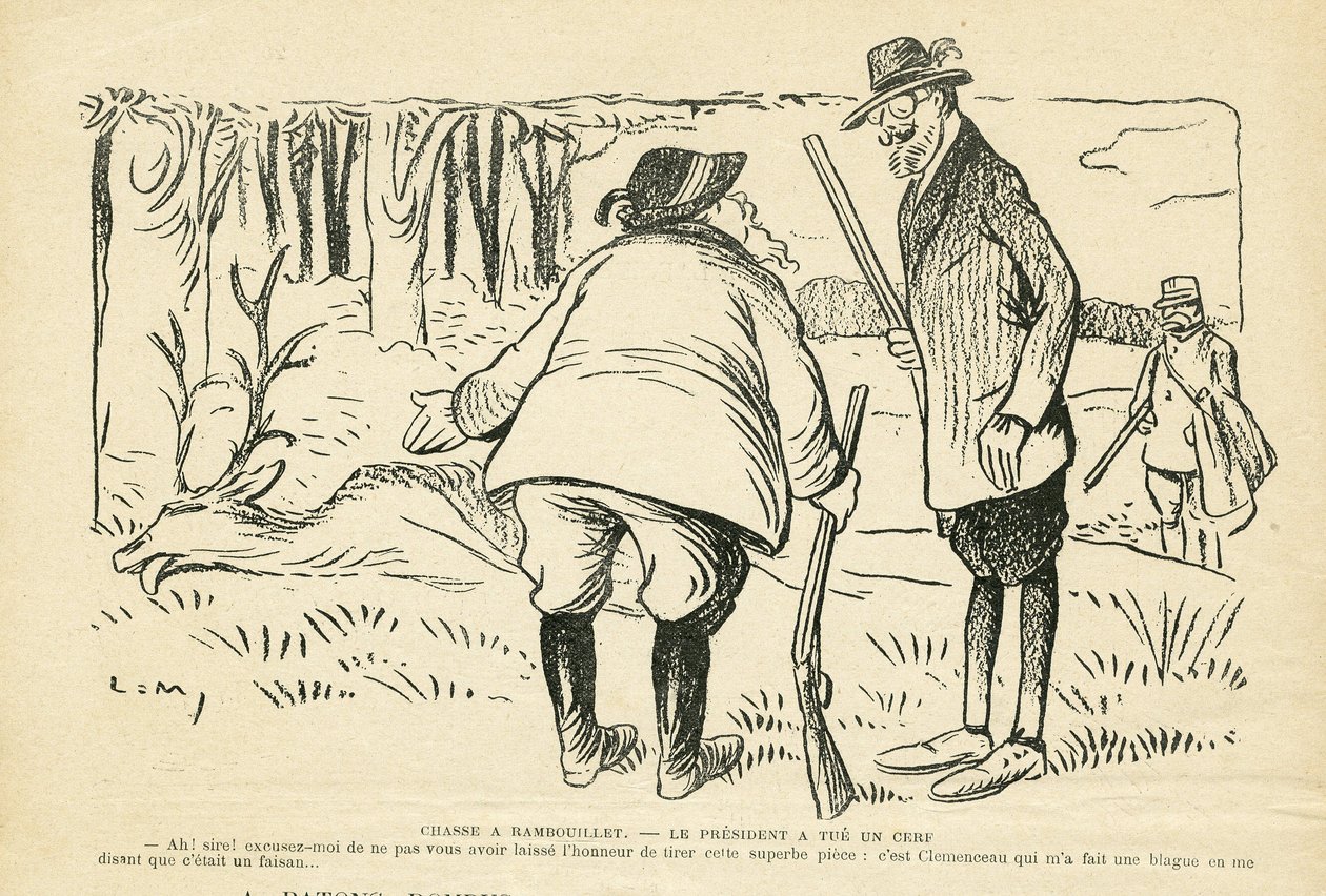 Ilustração em Le Rire, 05/12/08 - Caça em Rambouillet - Vegetação Natural, Caça caçador, Presidente da República, Rambouillet - Clemenceau Georges, Fallieres Armand (1841-1931), Stag de Lucien Metivet