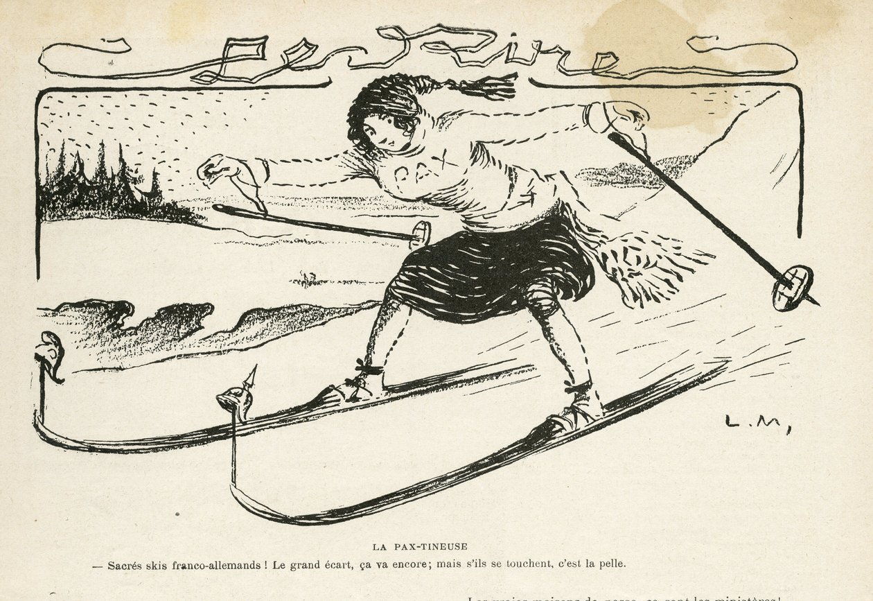 Ilustração em Le Rire, 24/02/12 - La pax-tineuse - Alemanha Prússia, esporte, paz, esqui, neve, relações franco-alemãs, Primeira Guerra Mundial - Marianne - esporte, alegoria (gravura) de Lucien Metivet