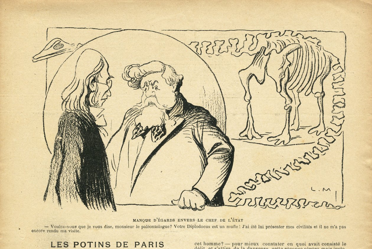 Ilustração em Le Rire, 27/06/08 - Desconsideração do Chefe de Estado - Presidente da República, Dinossauro, Paleontologia - Fallieres Armand (1841-1931), Dinossauro, Diplodocus (gravura) de Lucien Metivet
