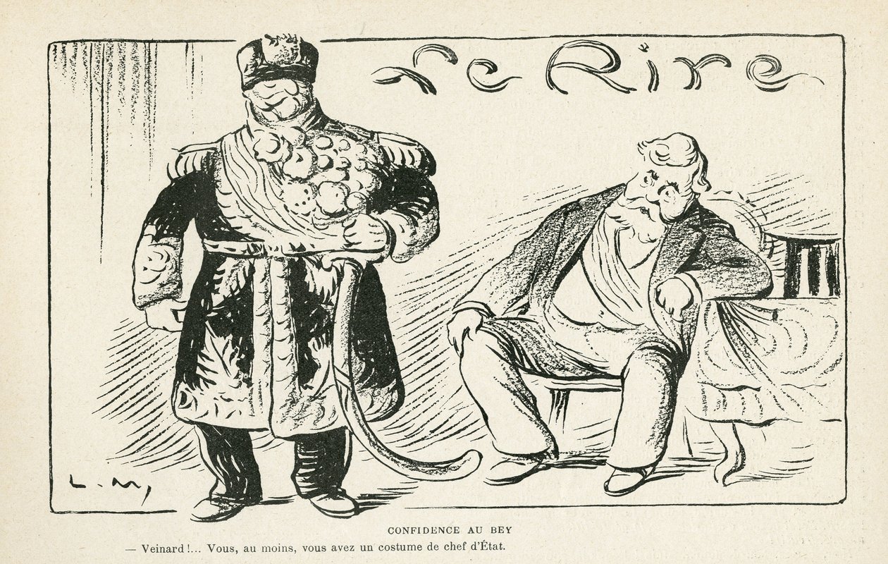 Ilustração em Le Rire, 27/07/12 - Confiança na bey - Colonização - Fallieres Armand (1813-1941), Naceur Bey (Mohamed el-Naceur Bey) (1855-1922) (gravura) de Lucien Metivet