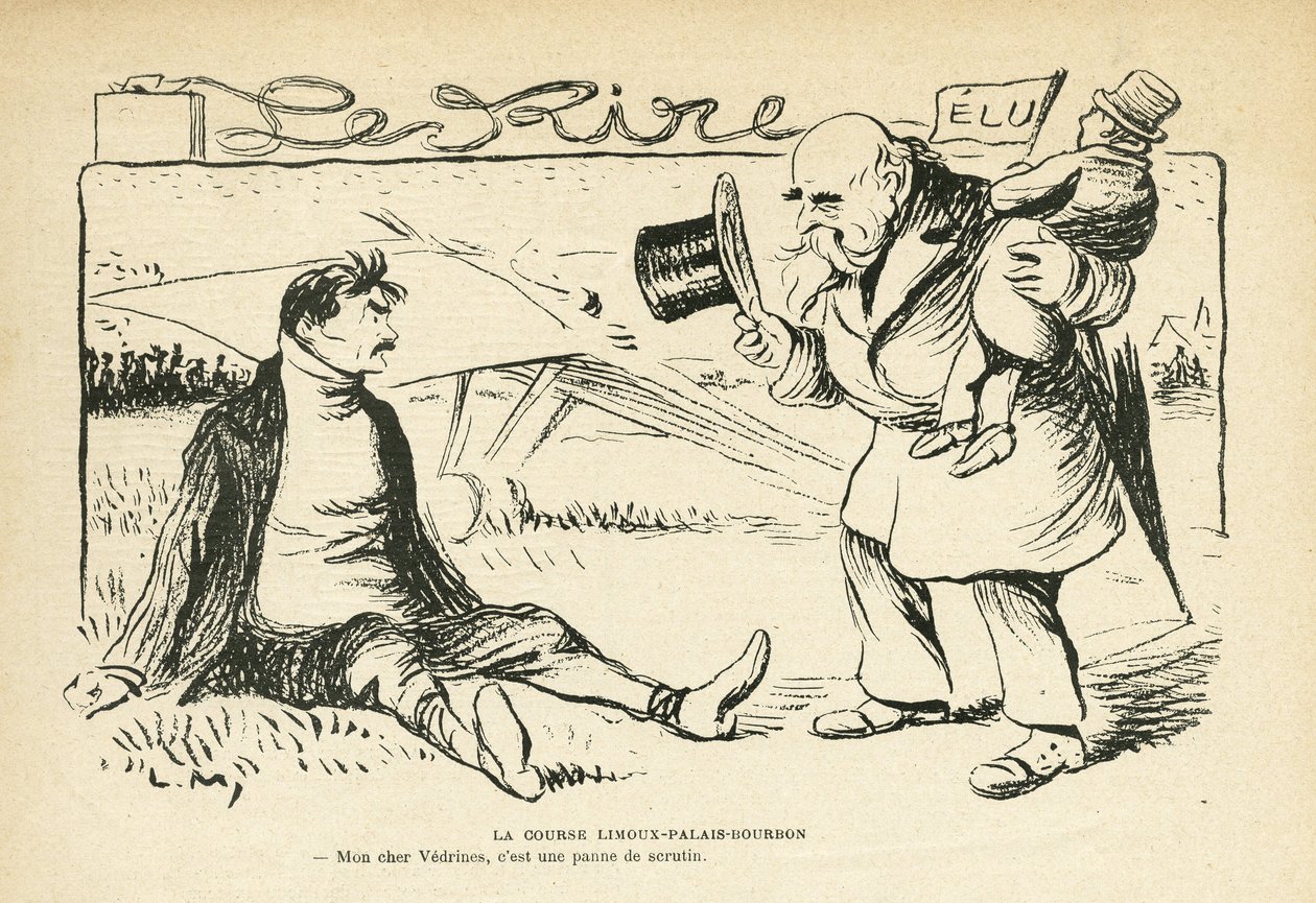 Ilustração em Le Rire, 30/03/12 - A corrida Limoux-Palais-Bourbon - Eleições, Aviação - Vedrines Jules (1881-1919) (gravura) de Lucien Metivet