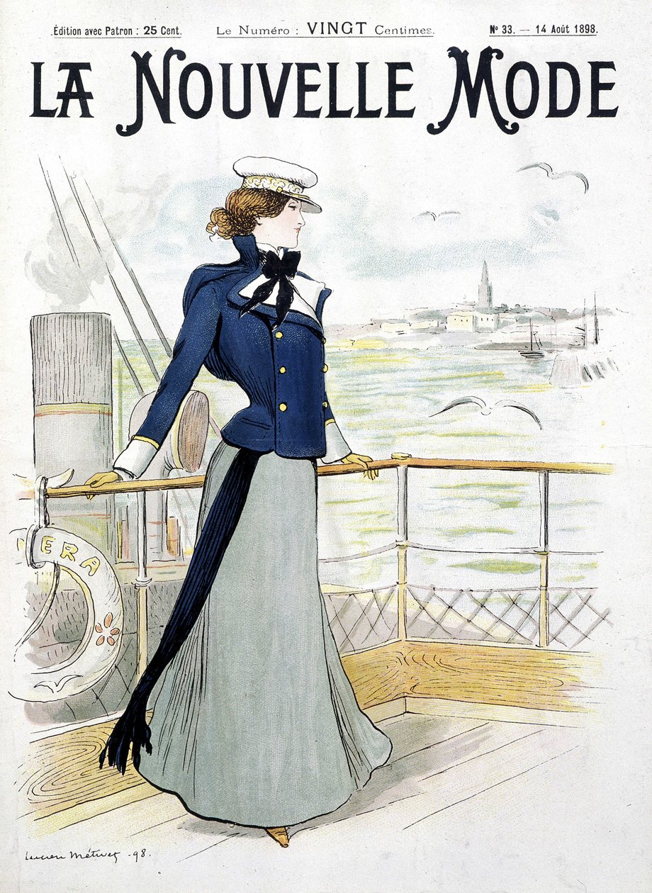 Vela: mulher no convés de um barco - desenho de L. Metivet, em "La Nouvelle Mode". de Lucien Metivet