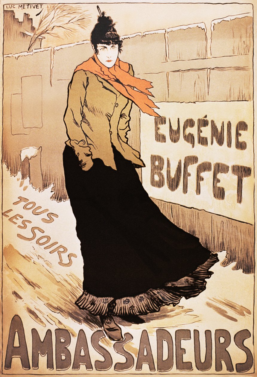 Cartaz Vintage da cantora francesa Eugenie Buffet andando na neve de Lucien Metivet