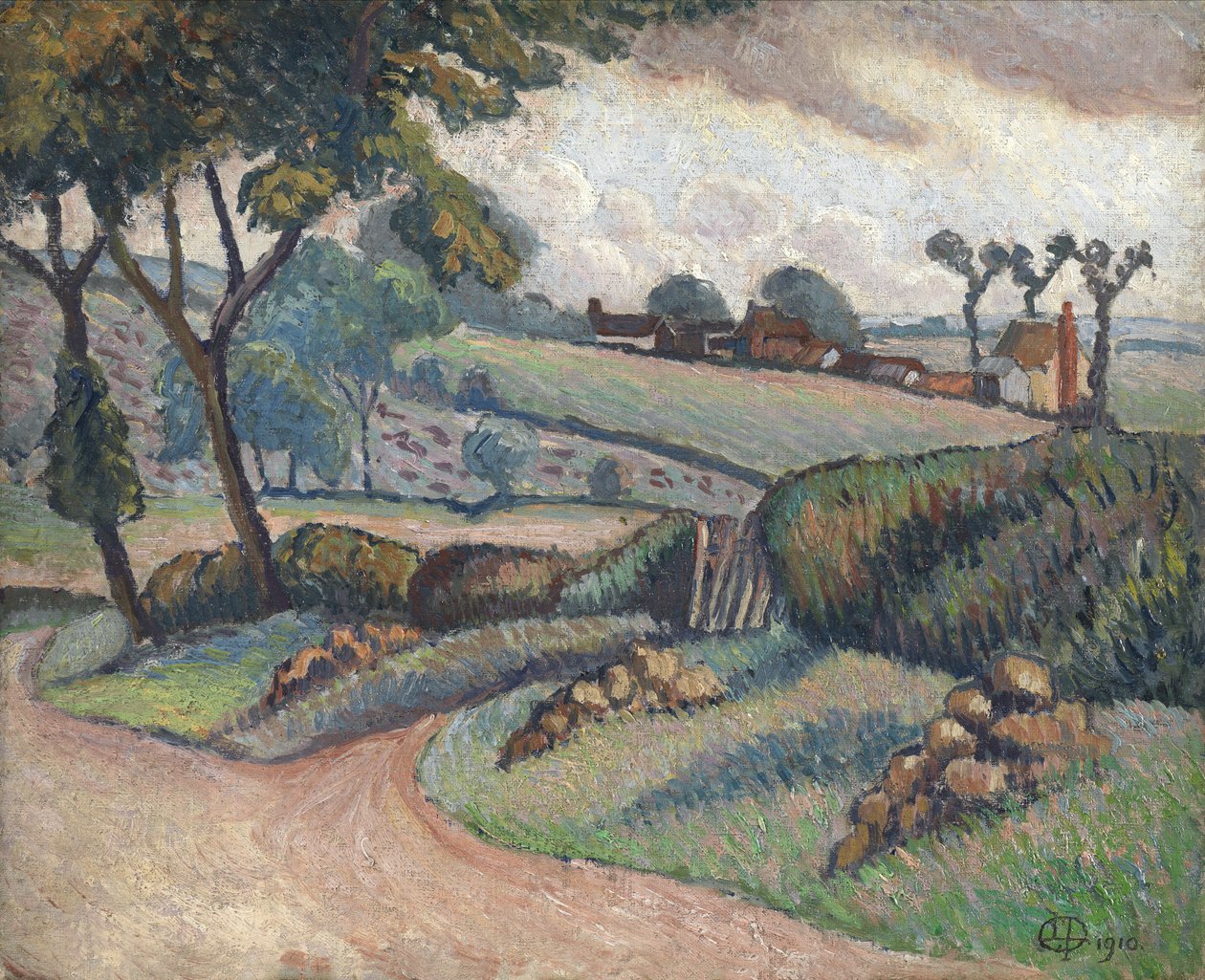 Duton Hill, Essex, 1910 (óleo sobre tela colocado a bordo) de Lucien Pissarro