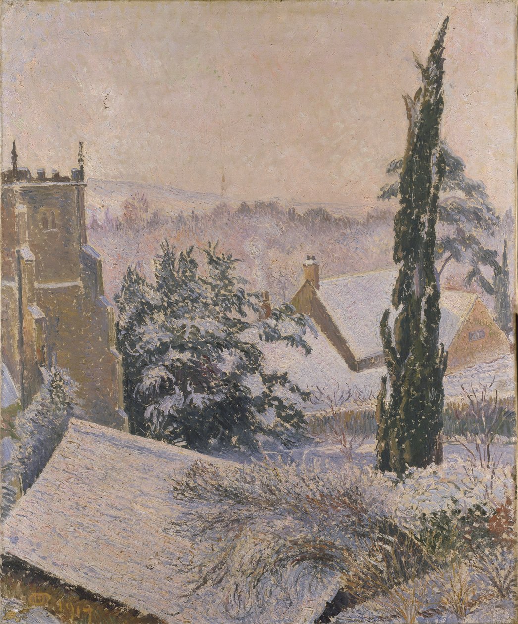 Igreja East Knoyle: Snow, 1917 de Lucien Pissarro