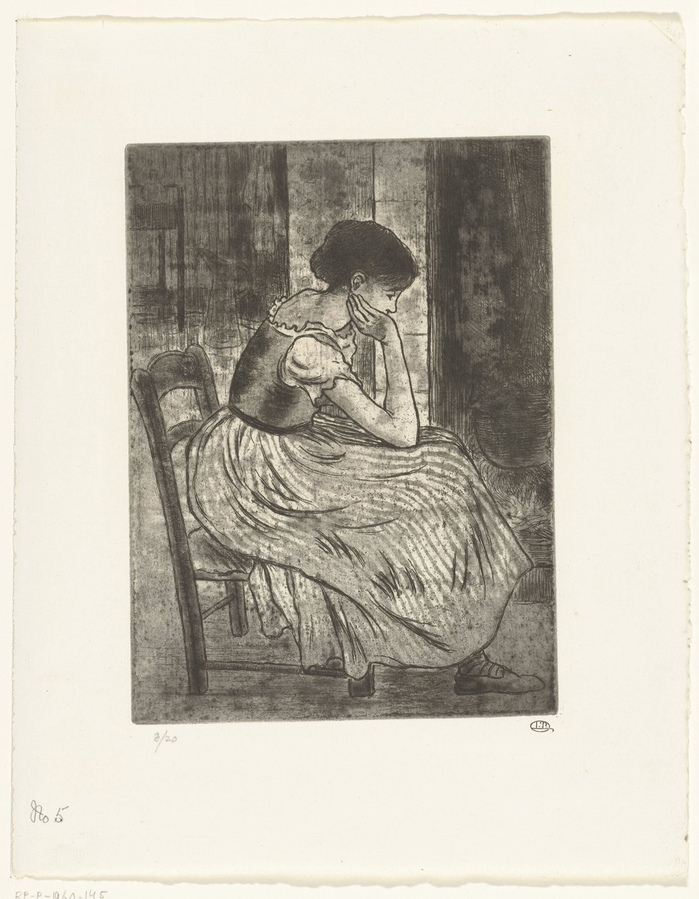 Jovem mulher sentada junto a uma lareira de Lucien Pissarro