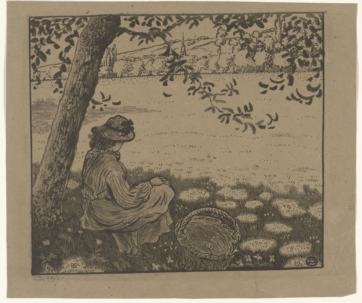 Rapariga debaixo de uma árvore num prado de Lucien Pissarro
