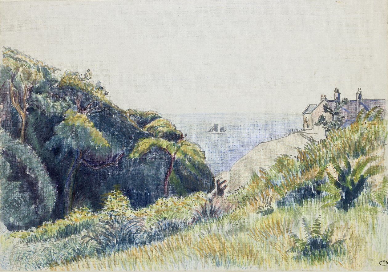 The Coastguards House, Ecclesbourne, 1918 (caneta e tinta cinza e giz de cera colorido em papel texturizado) de Lucien Pissarro