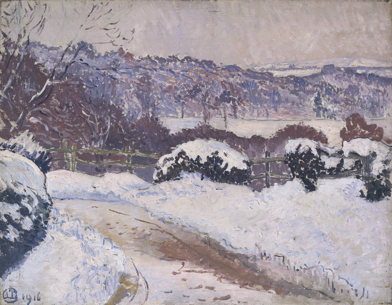 A estrada de Dorking, Coldharbour, na neve de Lucien Pissarro