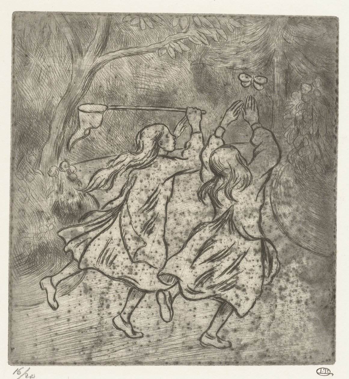 Duas raparigas a apanhar borboletas de Lucien Pissarro