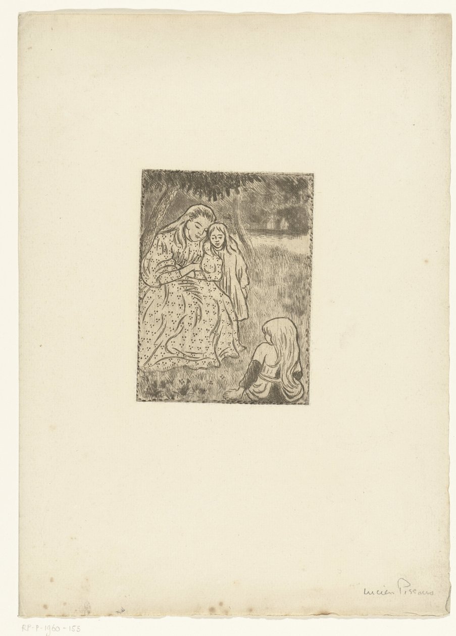 Mulher com duas raparigas num prado de Lucien Pissarro