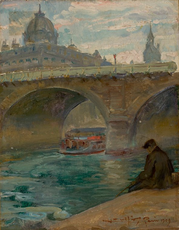 Sena RivernFrancais: A ponte Notre-Dame em Paris com ao fundo a cúpula do tribunal de commercenPortugues: O Senan de Lucilio de Albuquerque
