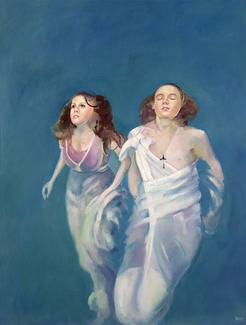 Um rapaz e uma rapariga a flutuar, 2004 (óleo sobre tela) de Lucinda Arundell