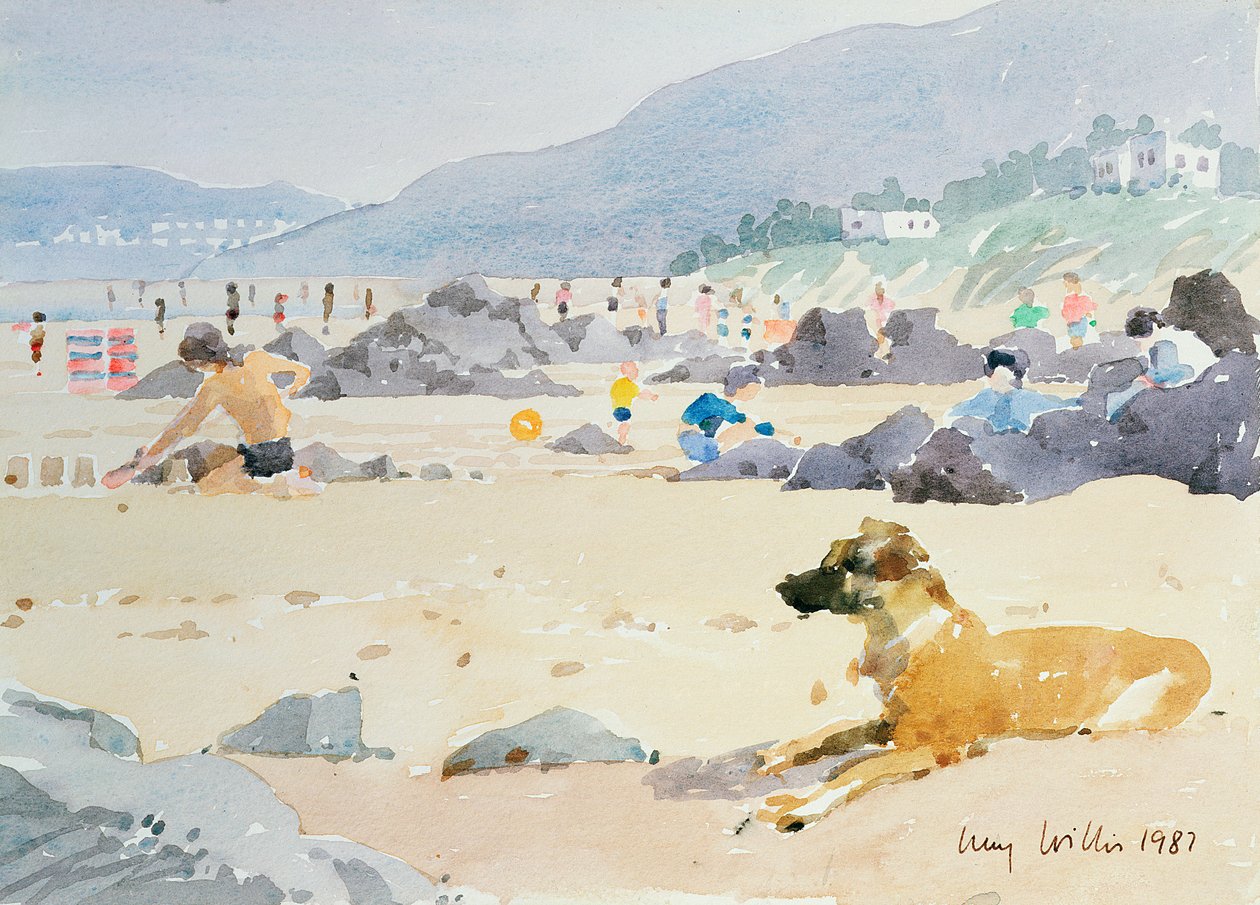 Cão na praia, Woolacombe, 1987 (wc no papel) de Lucy Willis
