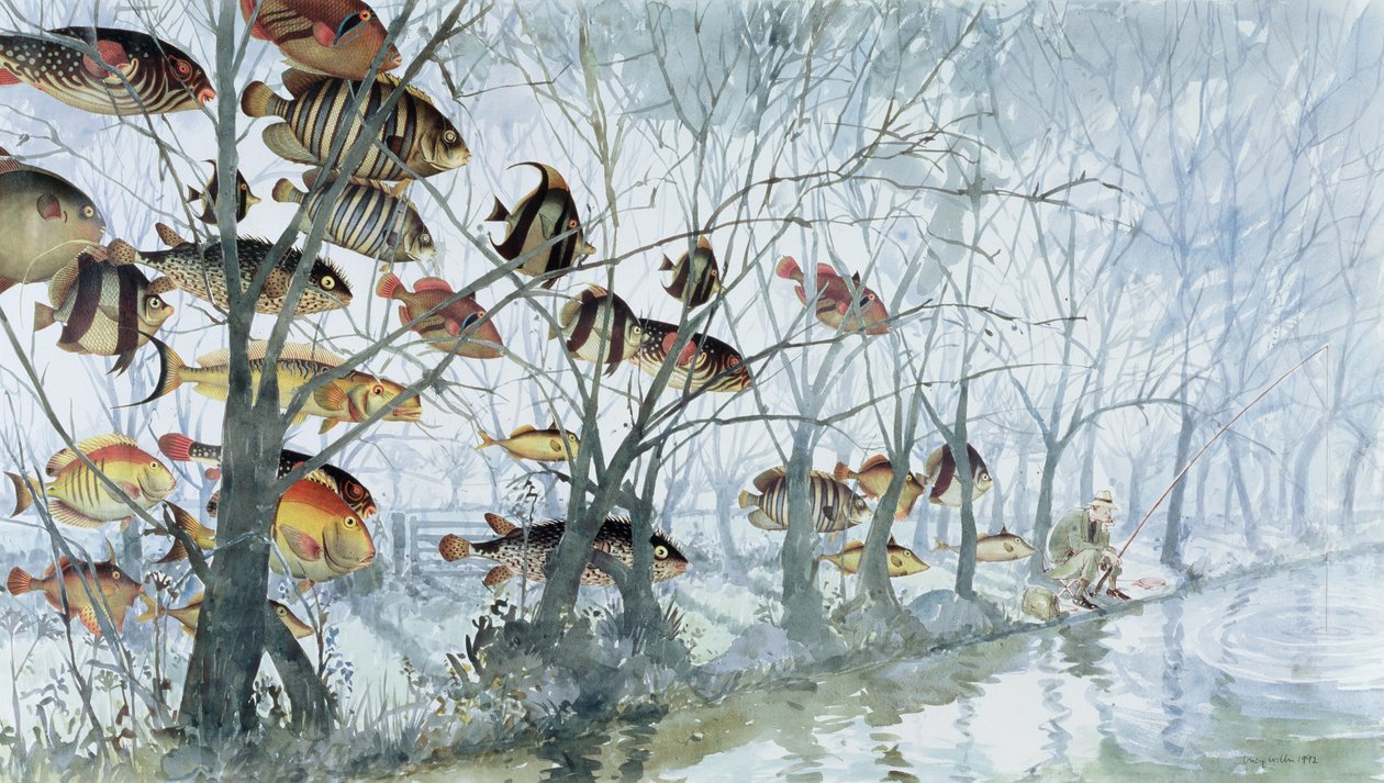 Fly Fishing, 1992 (wc, colagem, caneta e tinta no papel) de Lucy Willis