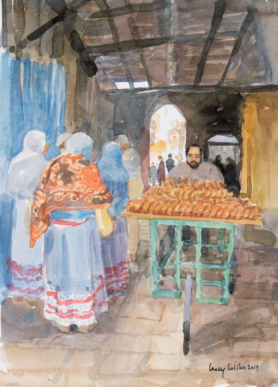 Vendedor de bagels na cidade velha, Jerusalém, 2019 (w - c no papel) de Lucy Willis