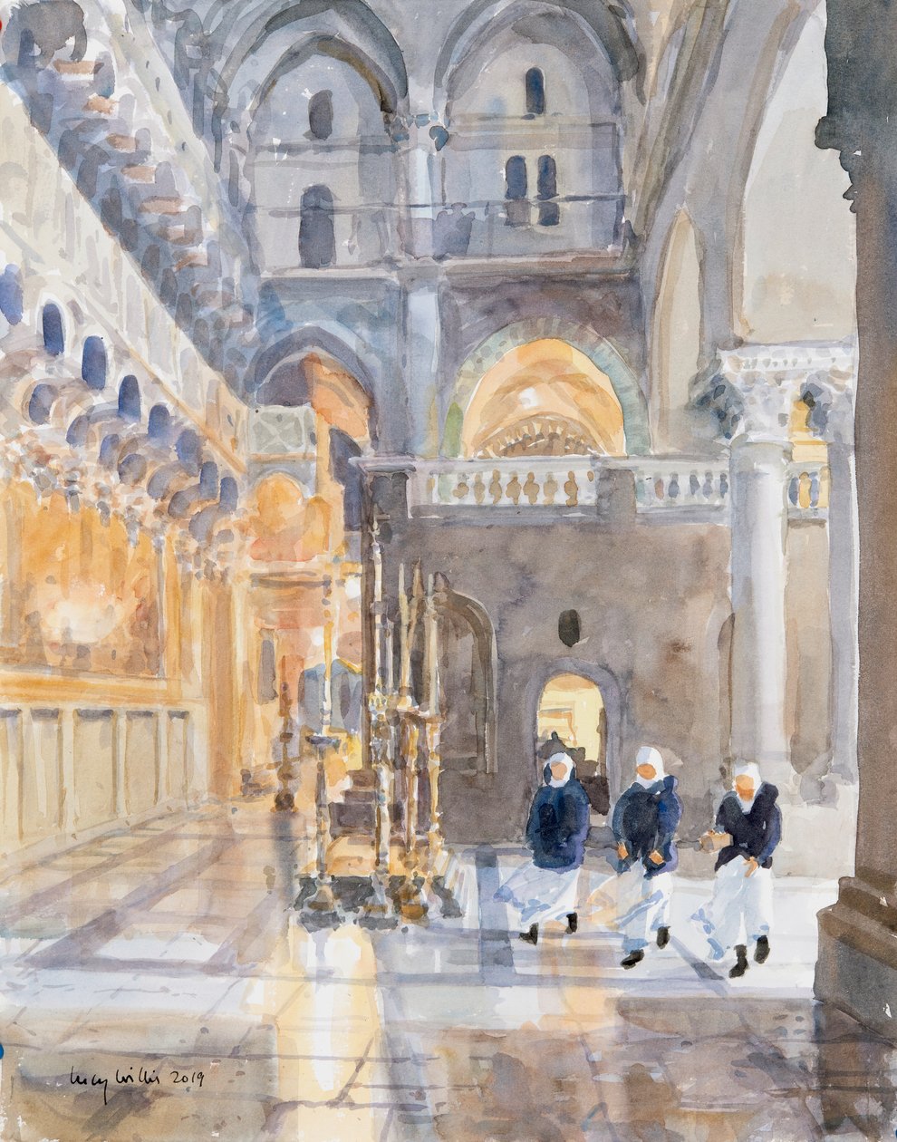 Noviços na Igreja do Santo Sepulcro, Jerusalém, 2019 (w - c no papel) de Lucy Willis