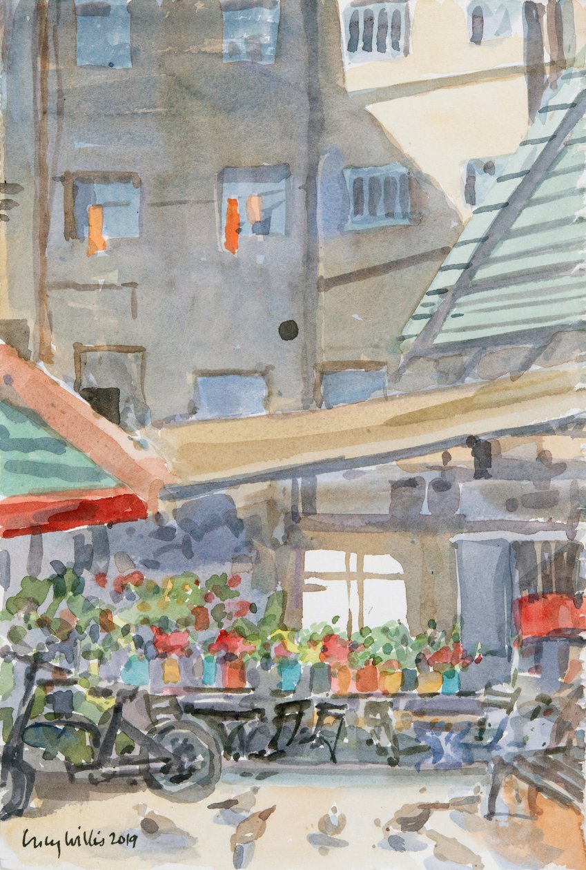 Secagem de espanadores de laranja, Mahane Yehuda, Jerusalém, 2019 (w - c no papel) de Lucy Willis