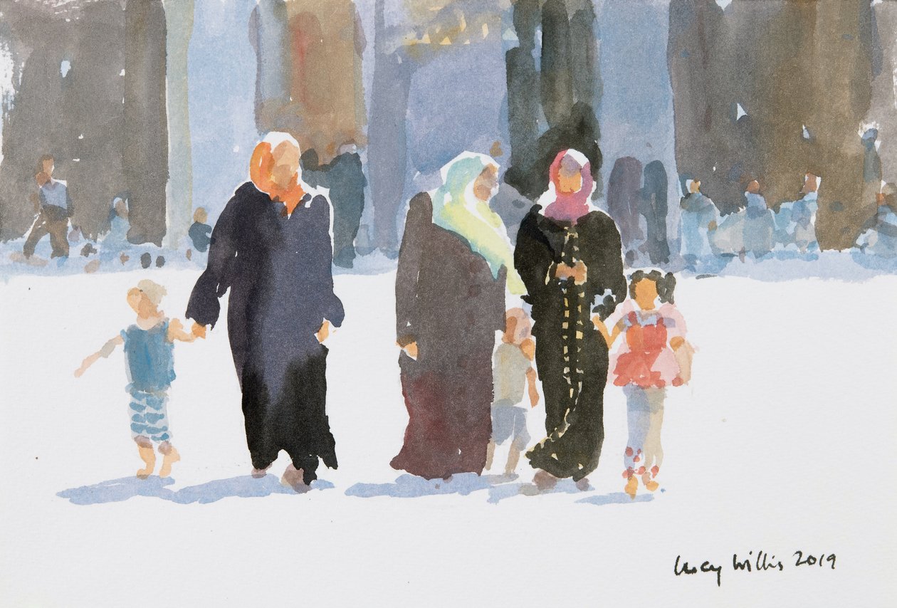 Visitando a Mesquita, Damasco, Síria, 2019 (w - c no papel) de Lucy Willis