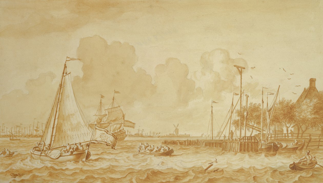 No Y, perto de Amsterdã, 1680 (caneta e lápis no papel) de Ludolf Backhuysen