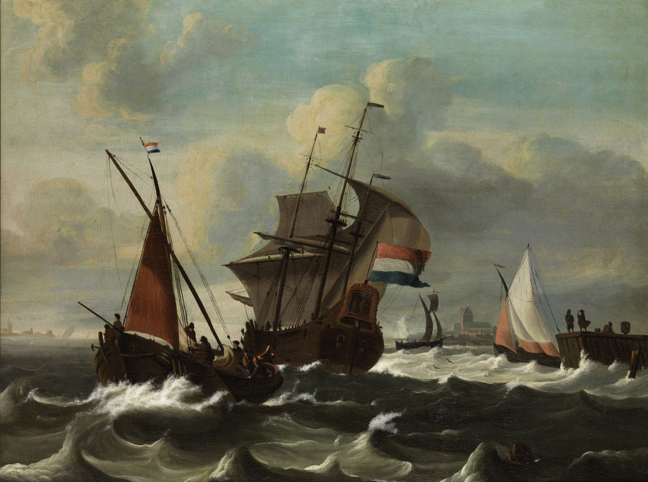 Peça naval com três mastros de bandeira holandesa de Ludolf Bakhuizen