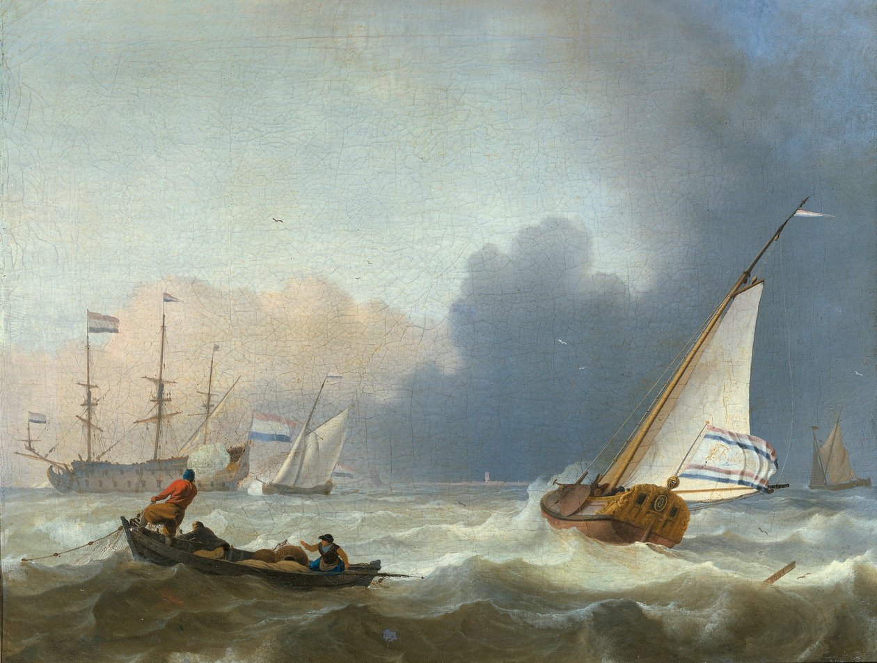 Mar agitado com um iate holandês sob vela de Ludolf Bakhuizen