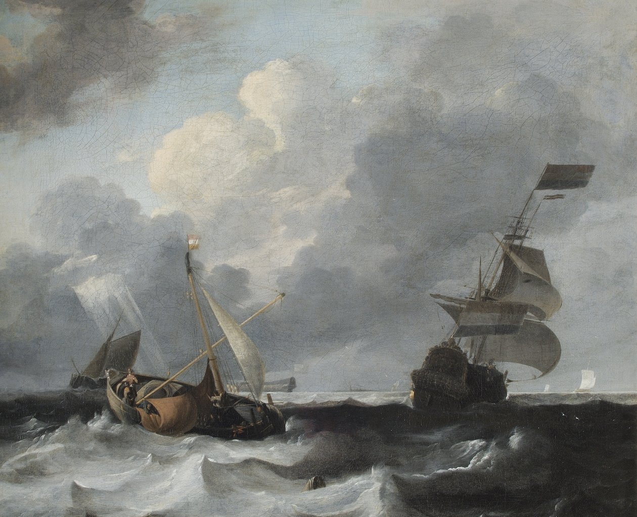 Uma tempestade ao largo da costa com homens de guerra e barcos de pesca de Ludolf Backhuysen