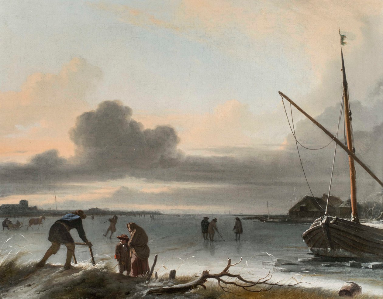 Uma paisagem de inverno com trenós, skatistas e golfistas em um lago congelado de Ludolf Backhuysen