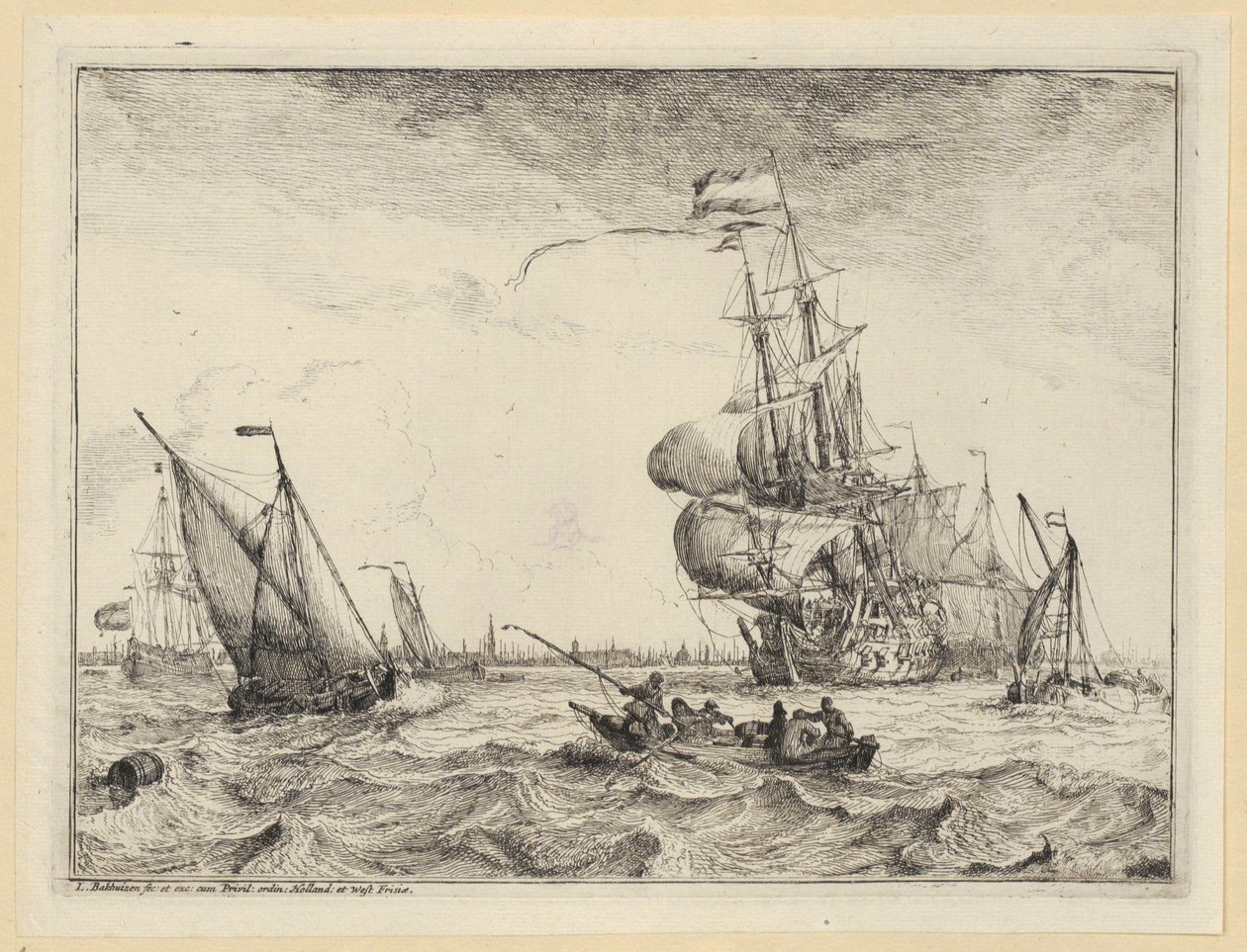 Uma barca e vários navios à vela num mar tempestuoso ao largo de Amesterdão, prancha 4 da série «Marinhas com vistas do IJ, Amesterdão, Roterdão e Katwijk» (Hollstein n.º 1-10) de Ludolf Backhuysen
