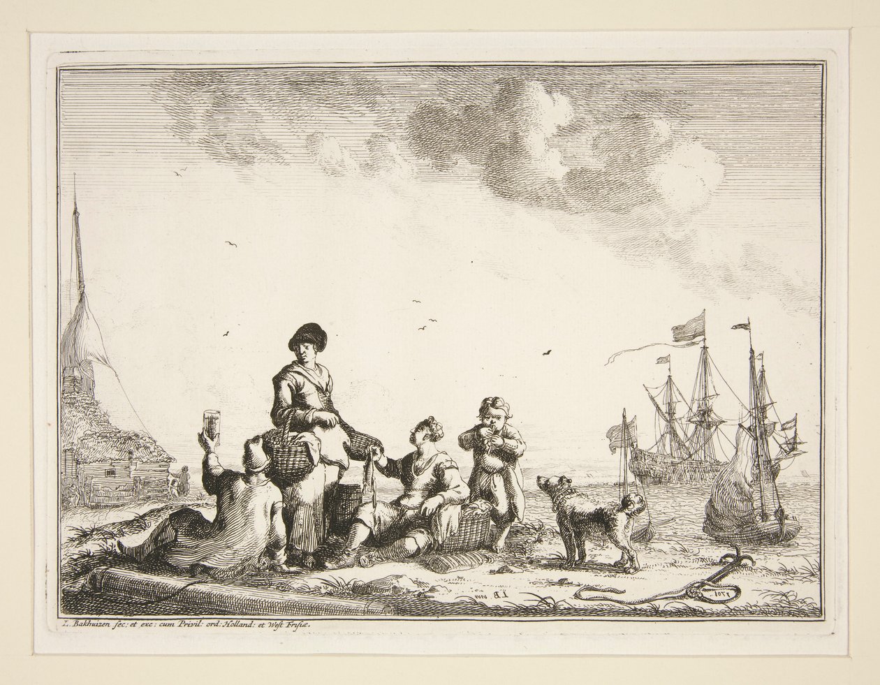 Porto com marinheiros e um piscicultor de Ludolf Backhuysen
