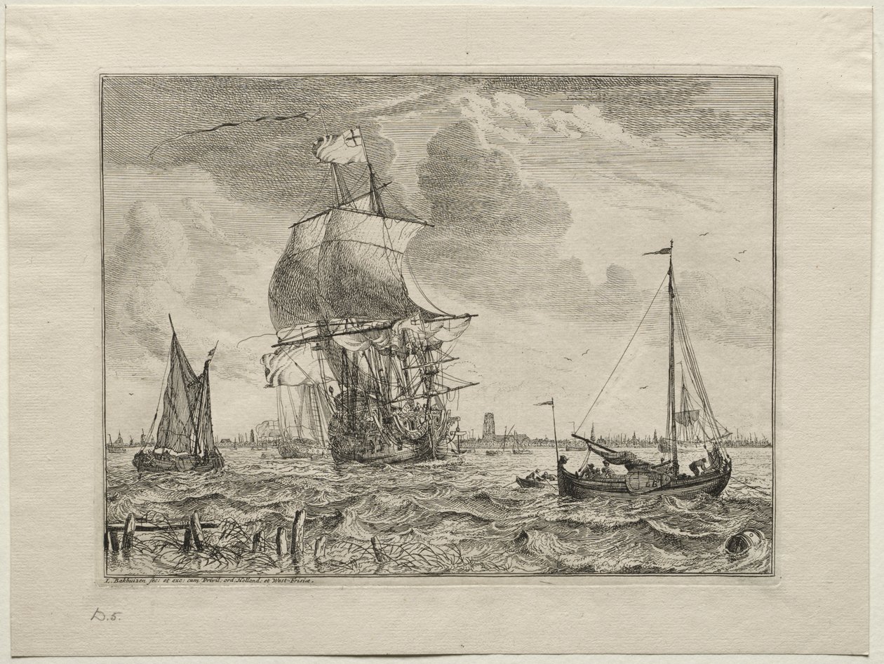 Cena marinha com Amsterdã à distância de Ludolf Backhuysen