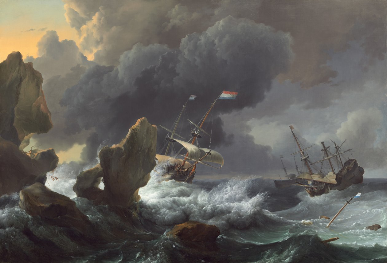 Navios em perigo fora de uma costa rochosa de Ludolf Backhuysen