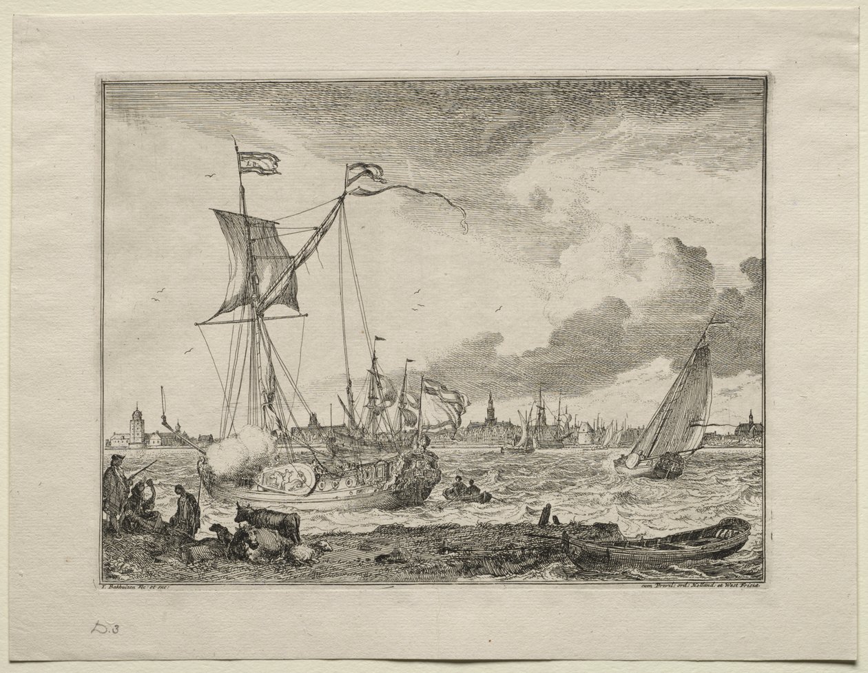 Vista de Amsterdã com navios em primeiro plano de Ludolf Backhuysen