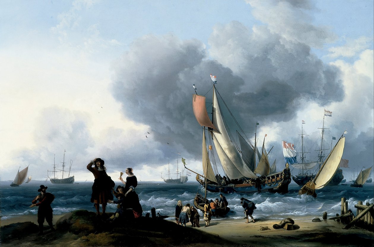 Holandeses a embarcar num iate de Ludolf Bakhuizen