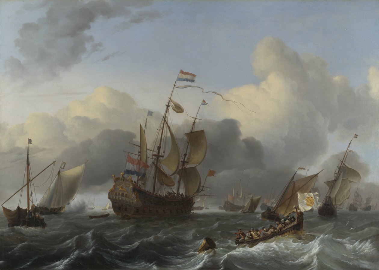 Eendracht emblemática e uma frota de soldados holandeses, c. 1670 de Ludolf Bakhuizen