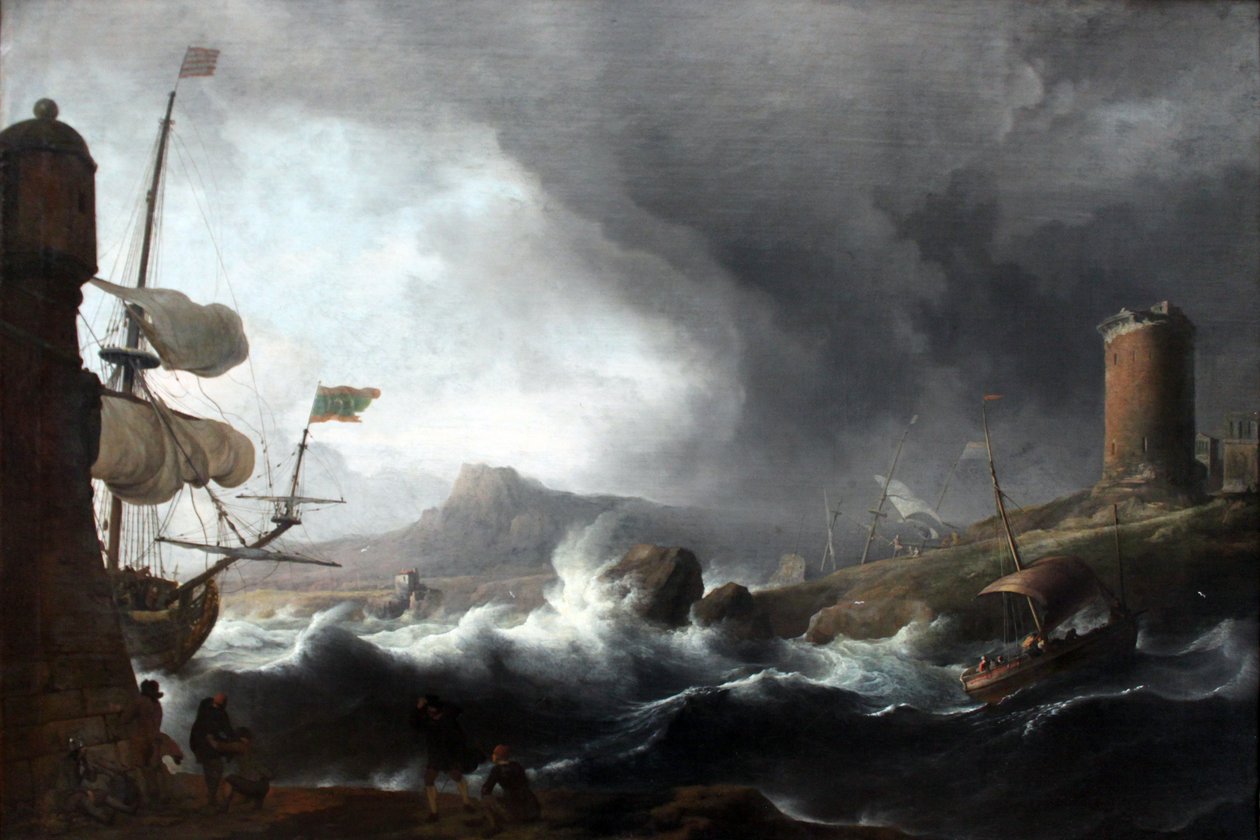 Alemão: Stürmische See an bergiger Küste Mares tempestuosos numa costa montanhosa de Ludolf Bakhuizen