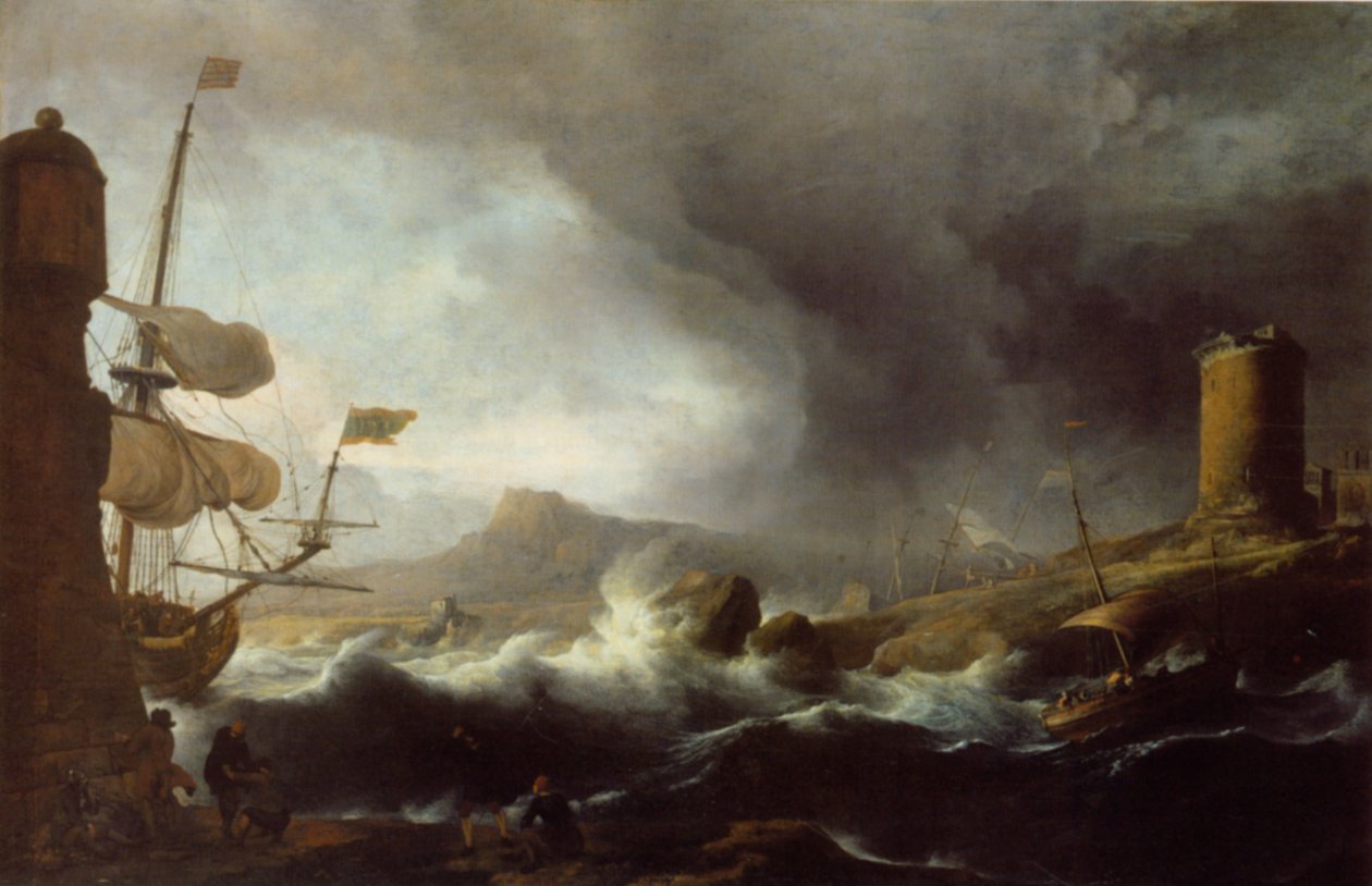 Alemão: Stürmische See an bergiger Küste Mares tempestuosos numa costa montanhosa de Ludolf Bakhuizen