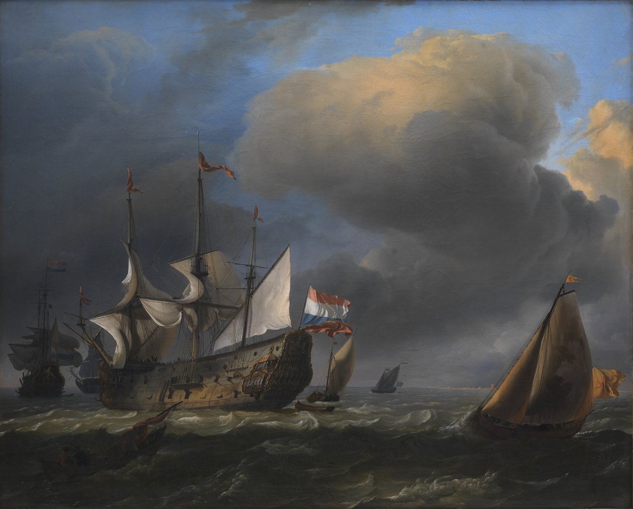 Seascape com navios de guerra holandeses e barcos de pesca de Ludolf Bakhuizen