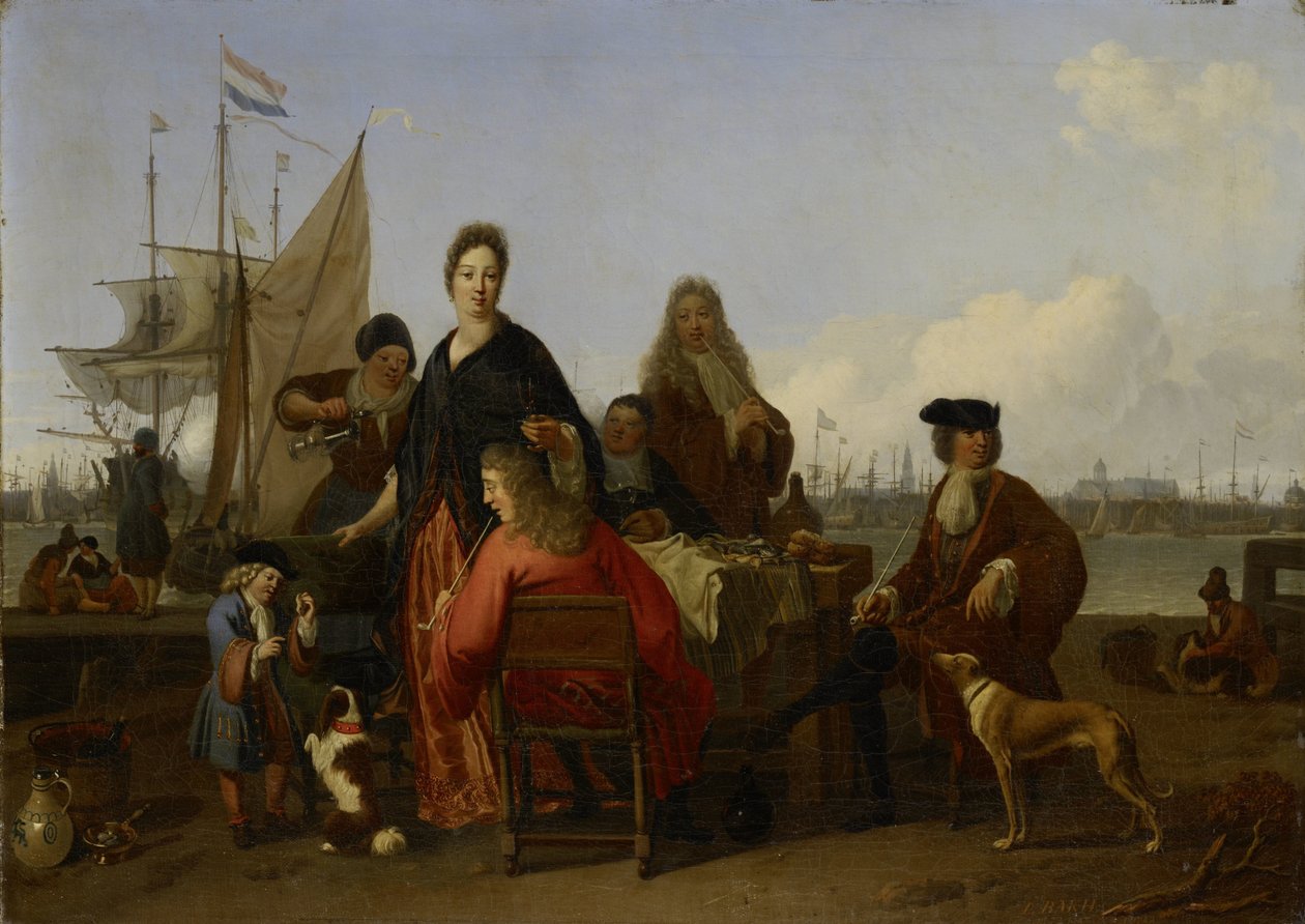 As famílias Bakhuysen e de Hooghe a jantar no Mosselsteiger (Cais Mussel Pier) no Y, Amesterdão de Ludolf Bakhuysen (signed by artist)