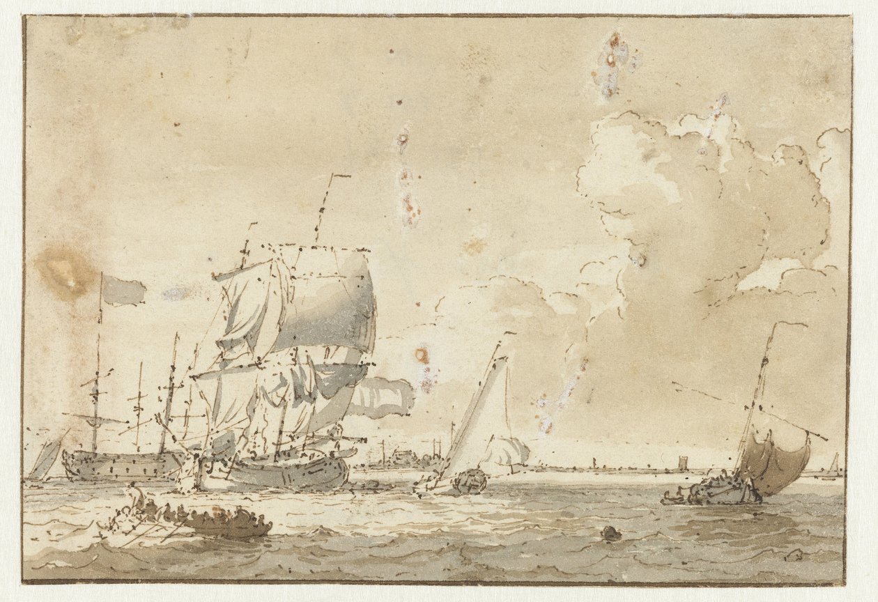 Navios na água para uma cidade de Ludolf Bakhuysen