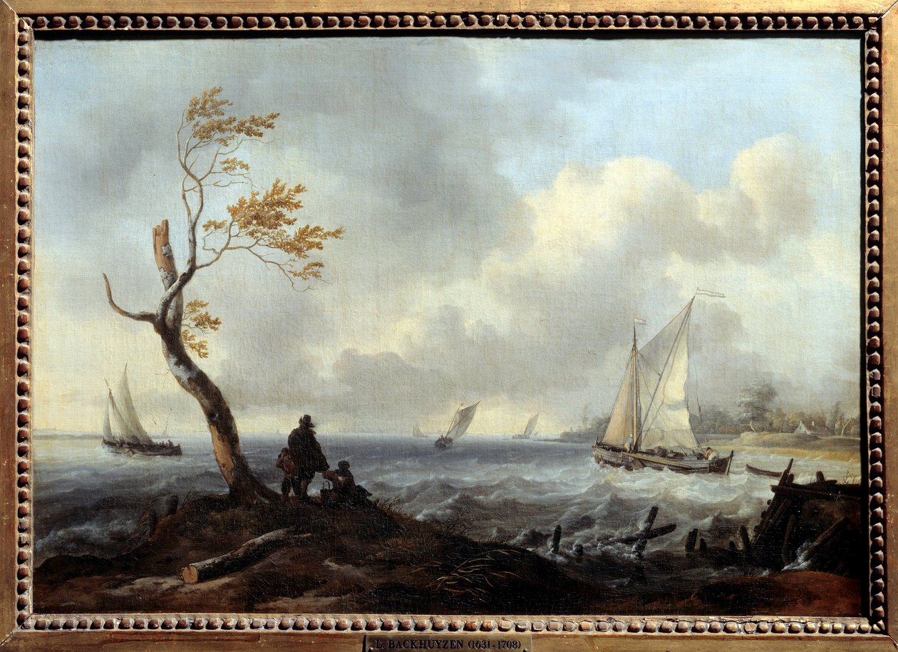 Barco de pesca e barco costeiro em mau tempo ou vendaval Pintura por Ludolf Backhuysen (1631-1708) de Ludolf I Backhuysen